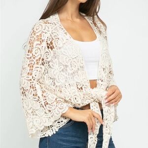 Raj Crochet Tie-Front Kimono in Ivory, NWOT one size